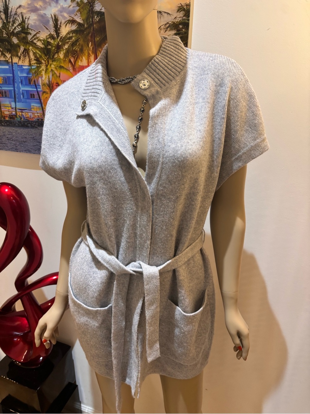 St. John Light Gray Short-Sleeve Belted Cardigan wrap 100% cashmere long S